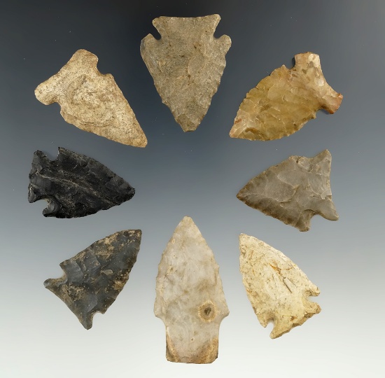 Group of eight nice Midwestern Arrowheads, largest is 2 1/16".