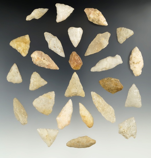 Group of 25 assorted Quartz Arrowheads found in New Jersey, largest is 1 1/2".