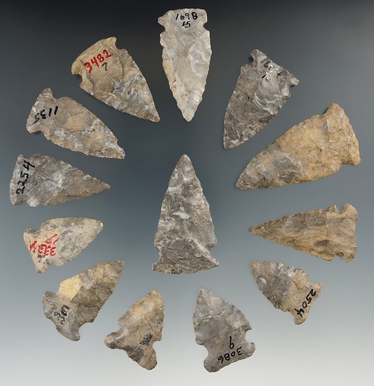 Group of 13 Onondaga Flint points found in New York, largest is 2 1/16". Ex. Mickey Taylor "Iron Hor