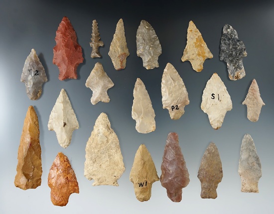 Group of 20 assorted artifacts from various locations in the United States. Largest is 2 15/16".