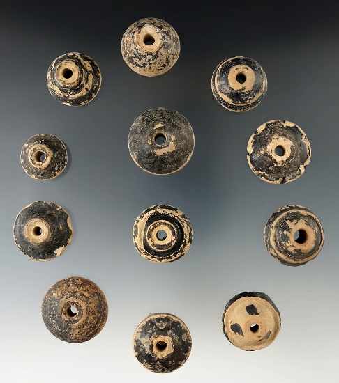 Group of 12 pre-Columbian Spindle Whorls found in Mexico, largest is 1 1/4" diameter.
