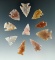 Group of 10 attractive arrowheads found in Colorado made from beautiful semi translucent materials.