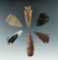 Set of six assorted High Plains arrowheads, largest is 1 15/16