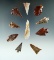 Group of 10 assorted arrowheads found near the Columbia River by Kaye Don Bruce. Some have damage. L