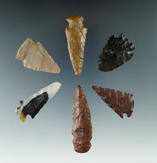 Set of six assorted High Plains arrowheads, largest is 1 15/16". Ex. Bob Roth.