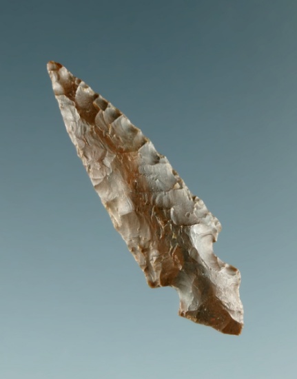 1 1/16" brown Jasper Klickitat Dagger that is very well styled found near the Columbia River. Ex. Sc