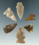 Set of six arrowheads found the Plains region, largest is 1 5/16