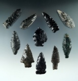 Group of 10 assorted Obsidian artifacts found in the Great Basin Region, largest is 2 1/8