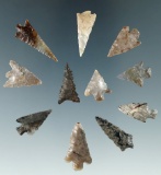 Group of 11 Columbia River arrowheads found in Washington, largest is 1 1/8