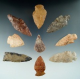 Group of nine Midwestern arrowheads and Knives, largest is 2 7/8