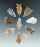 Group of 10 assorted High Plains arrowheads, largest is 1 3/16