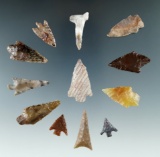 Group of 12 assorted arrowheads found by Kaye Don Bruce near the Columbia River. Largest is 1 1/2