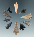 Group of 10 Columbia River arrowheads found in Washington, largest is 1 3/16