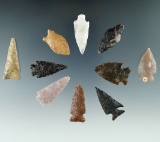 Group of 10 assorted arrowheads from the plains area, largest is 1 1/2