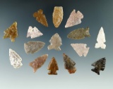 Group of 15 assorted arrowheads from the High Plains region, largest is 1 3/16