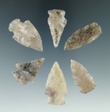 Set of six arrowheads made from beautiful semi translucent materials found in the Plains region.