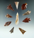 Group of 10 assorted arrowheads found near the Columbia River by Kaye Don Bruce. Some have damage. L