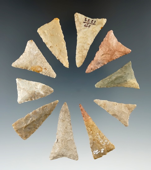 Group of 10 very well styled Mississippian Triangle points found in Ohio, largest is 1 5/8".