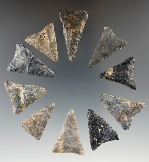 Set of 10 well styled Mississippian Triangle points in good condition found in Ohio and WV.