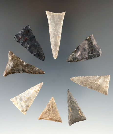 Group of eight well-made Mississippian Triangle points found in Ohio, largest is 1 1/2".