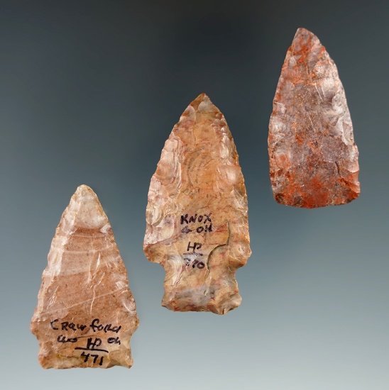 Set of three colorful Flint Ridge Flint points found in Ohio, largest is 2 5/16".