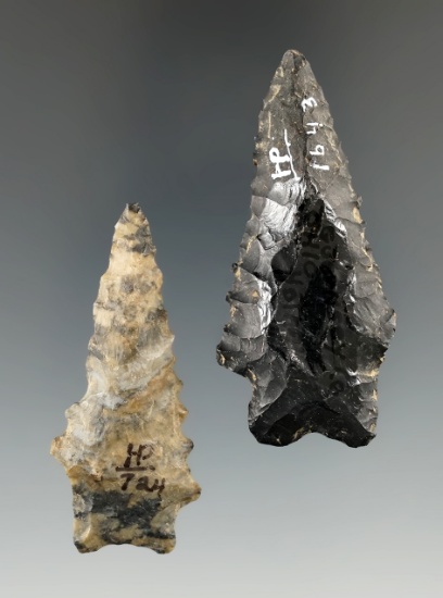 Pair of nicely serrated points made from Coshocton Flint found in Ohio, largest is 2 3/16".