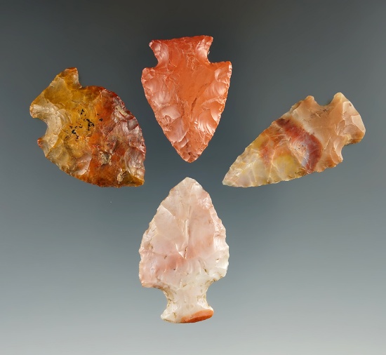 Set of four very colorful Flint Ridge Flint points found in Ohio, largest is 1 9/16".