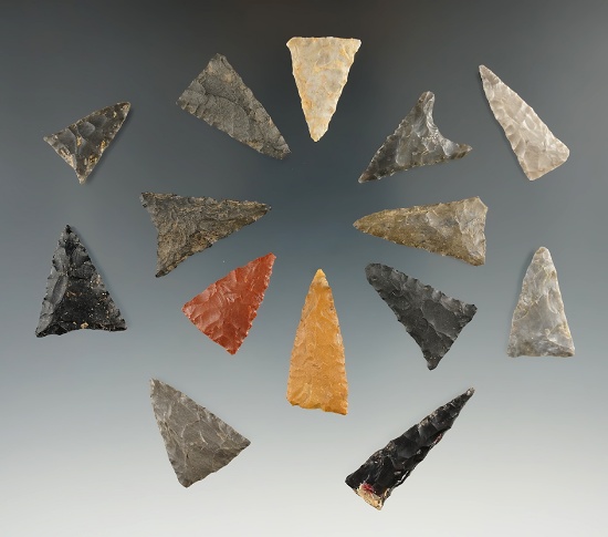 Group of 14 Mississippian Triangle points in very good condition found in Ohio, largest is 1 1/4".