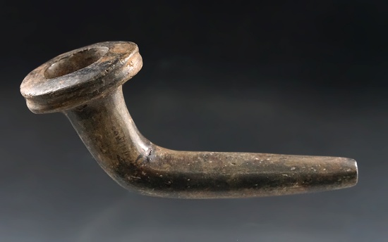 4 5/8" Iroquois Clay Trumpet Pipe - broken and mended at elbow with some restoration to stem.