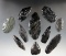 Set of 10 Obsidian Great Basin flaked artifacts, largest is 3 1/8