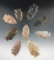 Group of nine Ohio Sidenotch arrowheads, largest is 2 5/16