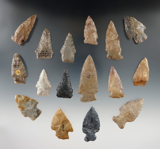Group of 16 assorted Ohio Archaic Arrowheads, largest is 2 3/8".