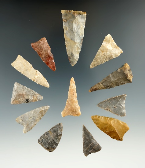 Set of 12 assorted  Mississippian Triangle points found in Ohio, largest is 1 3/4".