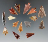 Set of 15 assorted Gem points found by Kaye Don Bruce near the Jon Day River. Largest is 1 3/16