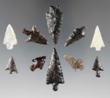 10 nice select Great Basin arrow points made from various types of Obsidian and clear Agate.