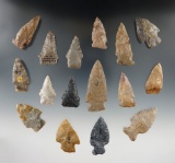 Group of 16 assorted Ohio Archaic Arrowheads, largest is 2 3/8