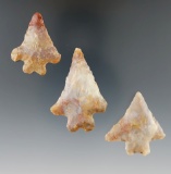 Three beautiful Fox Valley arrowheads made from Flint Ridge Flint found in Ohio, largest is 1 15/16