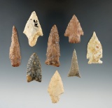 Group of Eight assorted Midwestern arrowheads, largest is 2 1/16