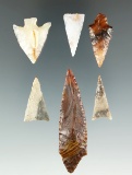 Set of six Columbia River arrowheads, largest is 2 3/16