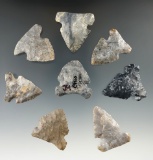 Set of eight Archaic Sidenotch points found in Ohio made from Coshocton Flint, largest is 1 1/2