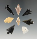 Set of 8 assorted Western U. S. arrowheads, largest is 7/8