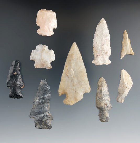 Group of 8 assorted anciently salvaged Flint artifacts, largest is 2 7/8".