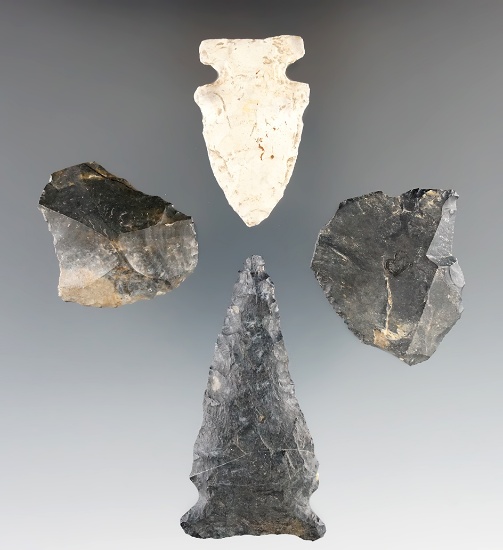 Four Ohio Flint artifacts including a Sidenotch, two flake Knives and a 2 13/16" Meadowood.