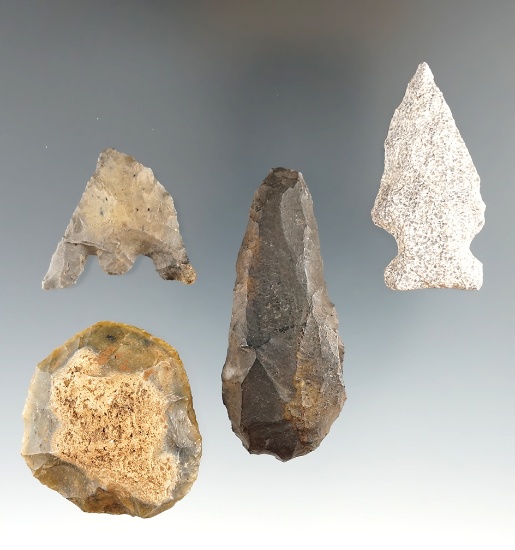 Set of four Florida artifacts including points and scrapers, largest is 2 5/16".