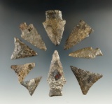 Group of nine nice assorted points found in New York, largest is 2 7/16