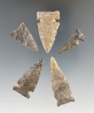 Set of five assorted arrowheads found in New York, largest is 1 5/8