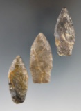 Set of three stemmed Lanceolate points found in Medina Co., Ohio, largest is 2 3/16