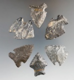 Set of six Cornernotch Archaic arrowheads made from Coshocton Flint found in Ohio.