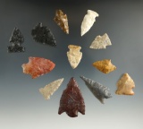 Set of 12 assorted arrowheads from various locations. Largest is 1 7/16