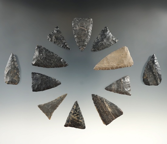 Set of 12 Midwestern triangle points, largest is 1 11/16".